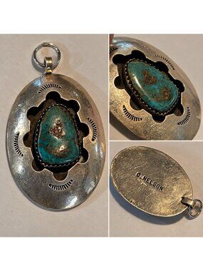 C Nelson Signed Turquoise Pendant Southwestern Silver Shadowbox Vintage